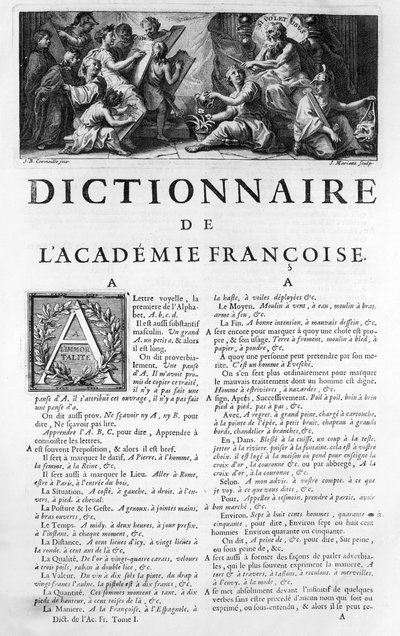 Frontispiece for the French Academy dictionary, engraved by Jean Mariette by Jean Baptiste Corneille